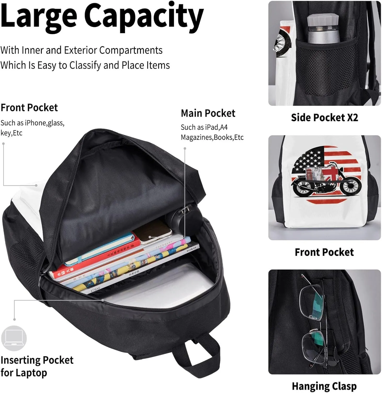 American Flag Motocross Dirt Bike Motorcycle Multifunctional Pocket Backpack Crossbody Lunch Bag Pencil Case 3Pcs Set Large Capacity Backpack