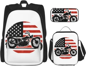 American Flag Motocross Dirt Bike Motorcycle Multifunctional Pocket Backpack Crossbody Lunch Bag Pencil Case 3Pcs Set Large Capacity Backpack