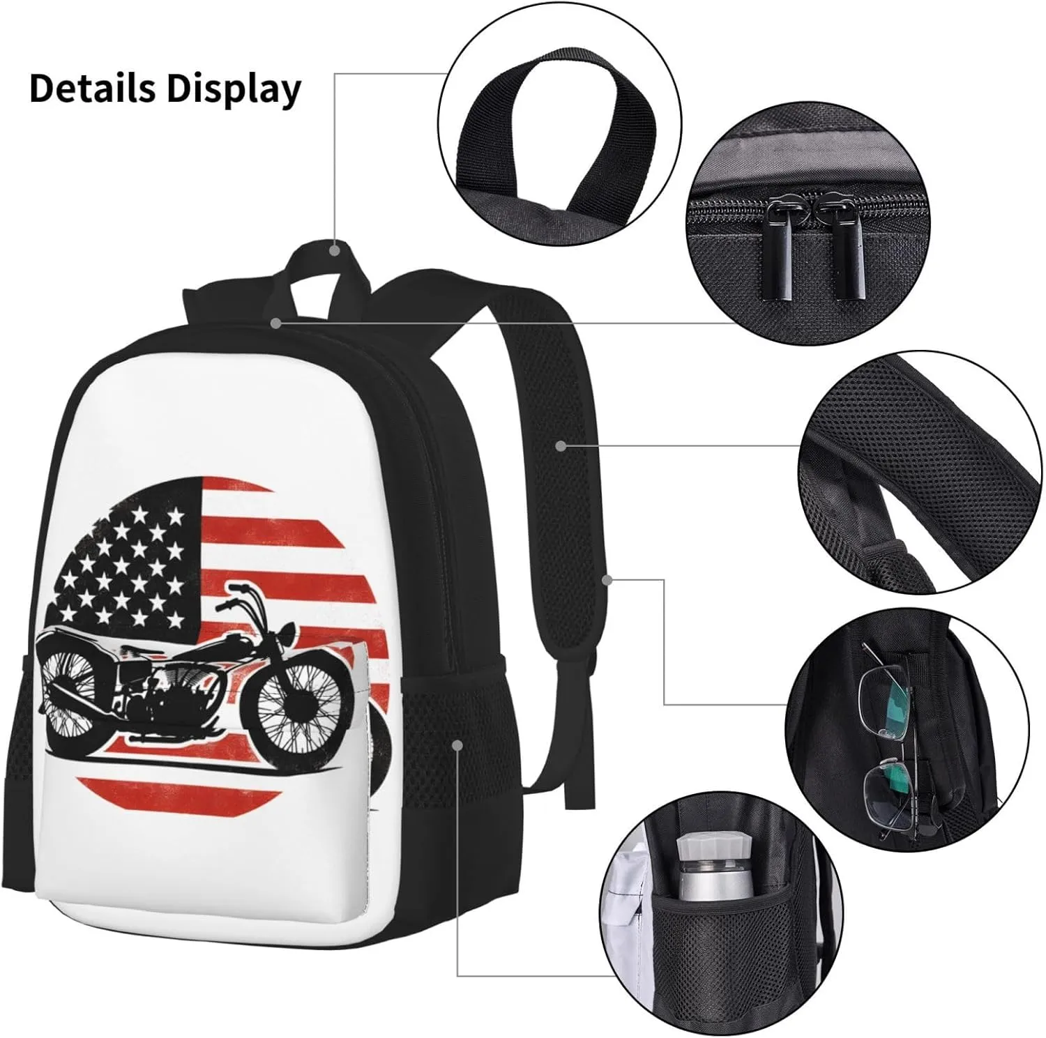 American Flag Motocross Dirt Bike Motorcycle Multifunctional Pocket Backpack Crossbody Lunch Bag Pencil Case 3Pcs Set Large Capacity Backpack