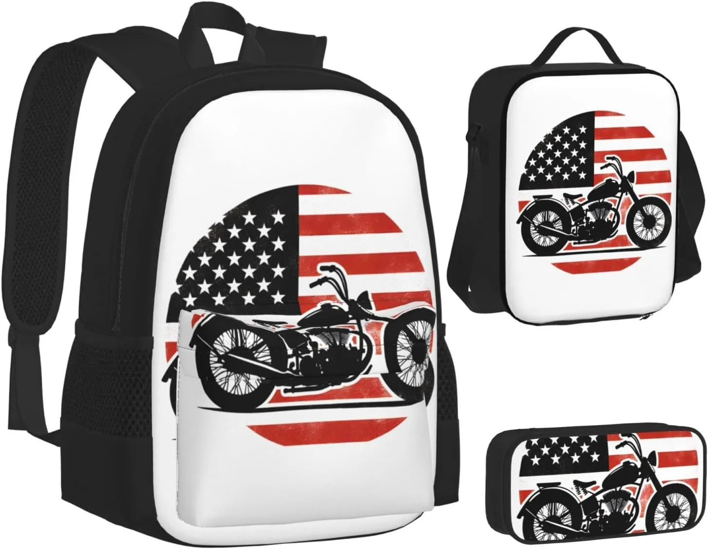 American Flag Motocross Dirt Bike Motorcycle Multifunctional Pocket Backpack Crossbody Lunch Bag Pencil Case 3Pcs Set Large Capacity Backpack