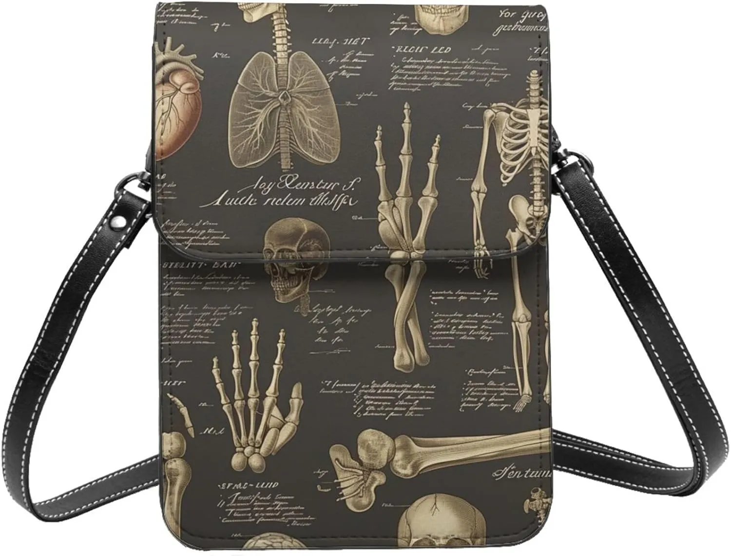 anatomical human anatomy hearts bones vintage Leather Small Crossbody Bags for Women Cell Phone Bag Wallet Purses with Adjustable Strap