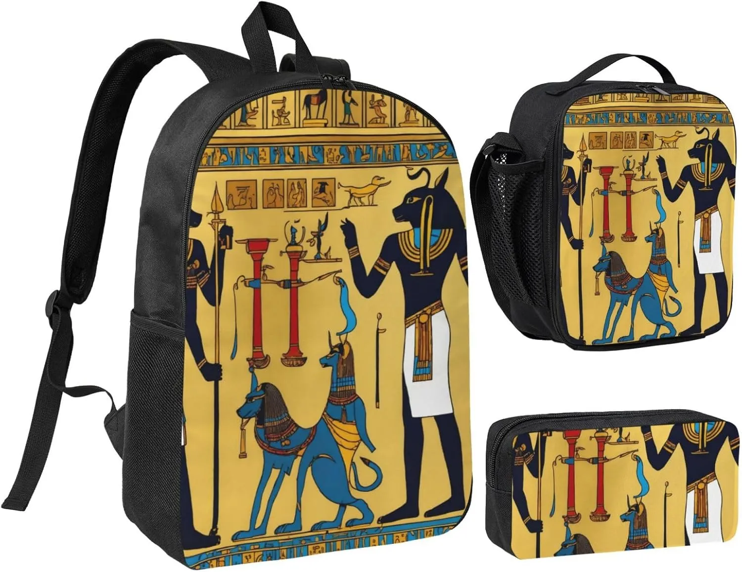 Ancient Egypt Tribe Series print Backpack Set Casual Shoulder Bag Lunch Bag Pen Pouch 3 in 1 Set 17inch for Women Men College