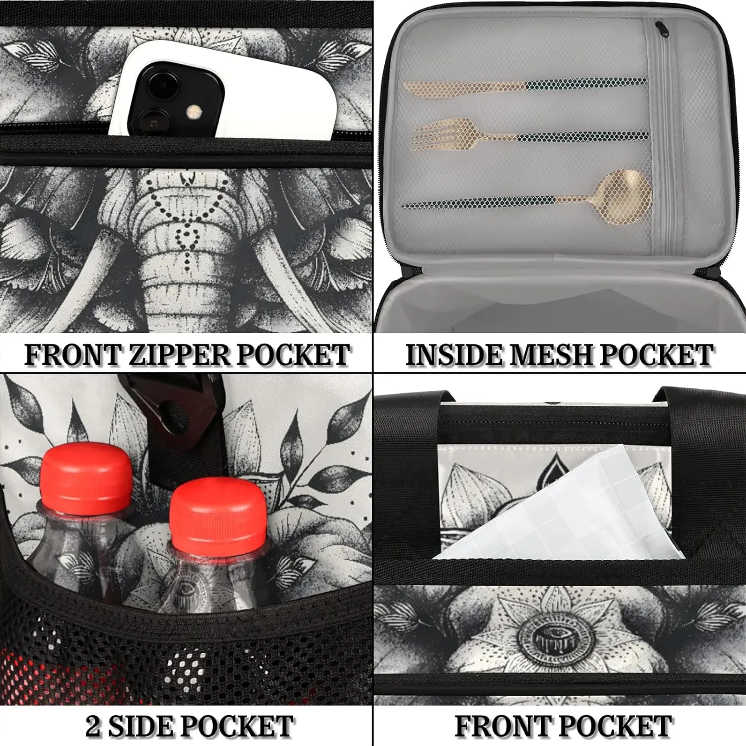 Animal Elephant Insulated Large Lunch Bag Lunchbox Reusable Leakproof Cooler Bags with Shoulder Strap for Adult Men Women Work Picnic