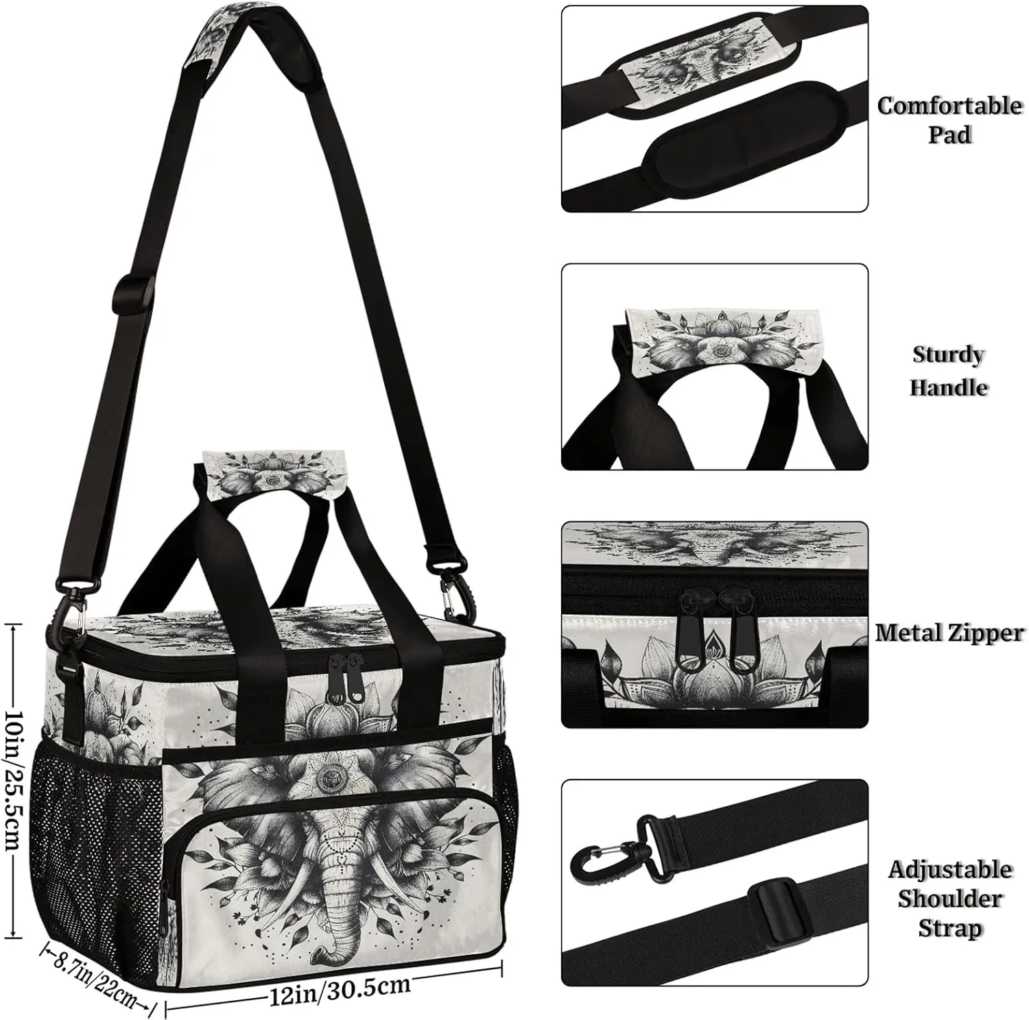 Animal Elephant Insulated Large Lunch Bag Lunchbox Reusable Leakproof Cooler Bags with Shoulder Strap for Adult Men Women Work Picnic