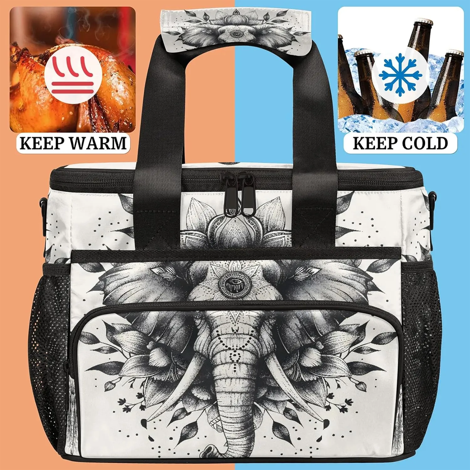 Animal Elephant Insulated Large Lunch Bag Lunchbox Reusable Leakproof Cooler Bags with Shoulder Strap for Adult Men Women Work Picnic