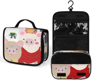 Animal Hanging Toiletry Bag for Women, Cartoon Pig Personalized Makeup Bag Cosmetic Bags with Sturdy Hook,Leather Waterproof Travel Toiletry Bag