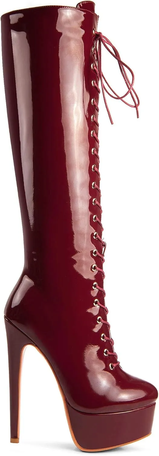 ANN CREEK Women's 'Niwen' Knee High Sexy Fashion Ultra High Stiletto Heels Platform Lace Up Boots