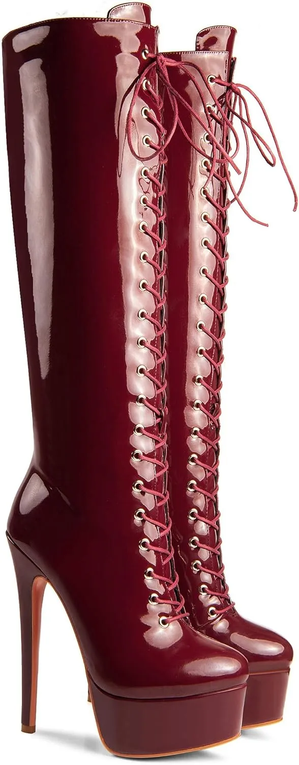 ANN CREEK Women's 'Niwen' Knee High Sexy Fashion Ultra High Stiletto Heels Platform Lace Up Boots