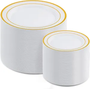 AOZITA 200 Pcs Gold Plastic Plates for Party, Heavy Duty Disposable Plastic Plates for Party, Holiday, Wedding, Thanksgiving and Birthday