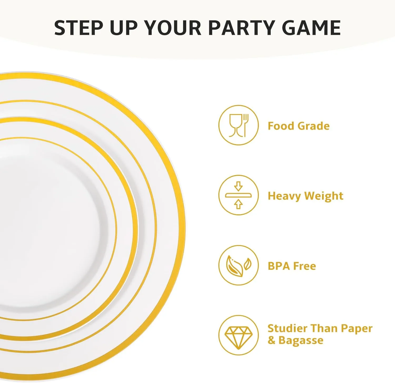 AOZITA 200 Pcs Gold Plastic Plates for Party, Heavy Duty Disposable Plastic Plates for Party, Holiday, Wedding, Thanksgiving and Birthday