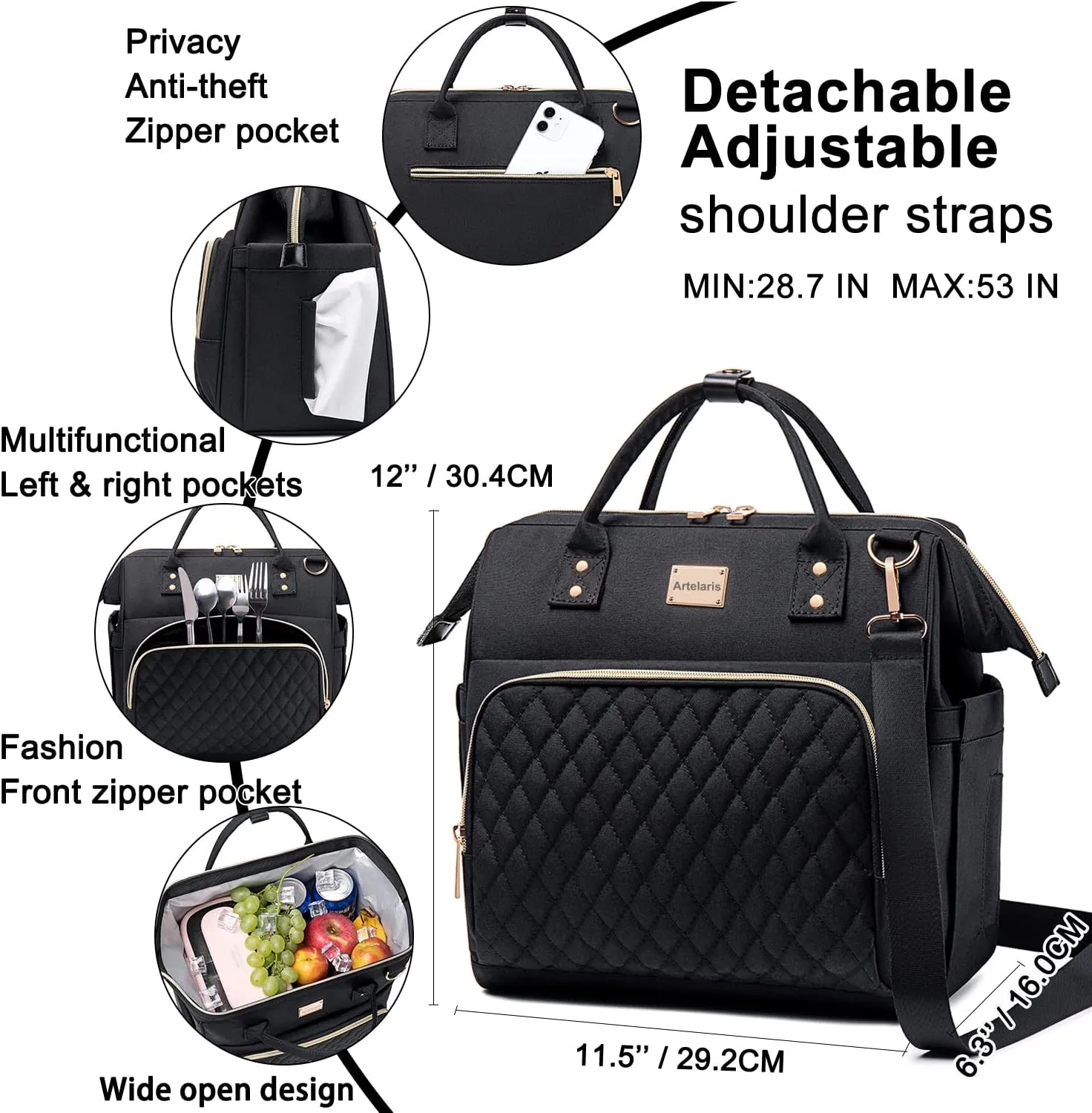 Artelaris Women's Lunch Bag, Insulated Box Women for Work, Adults Large Tote, Leakproof Cooler Reusable Bag with Side Pockets & Shoulder Strap, Purse, Picnic School Designer
