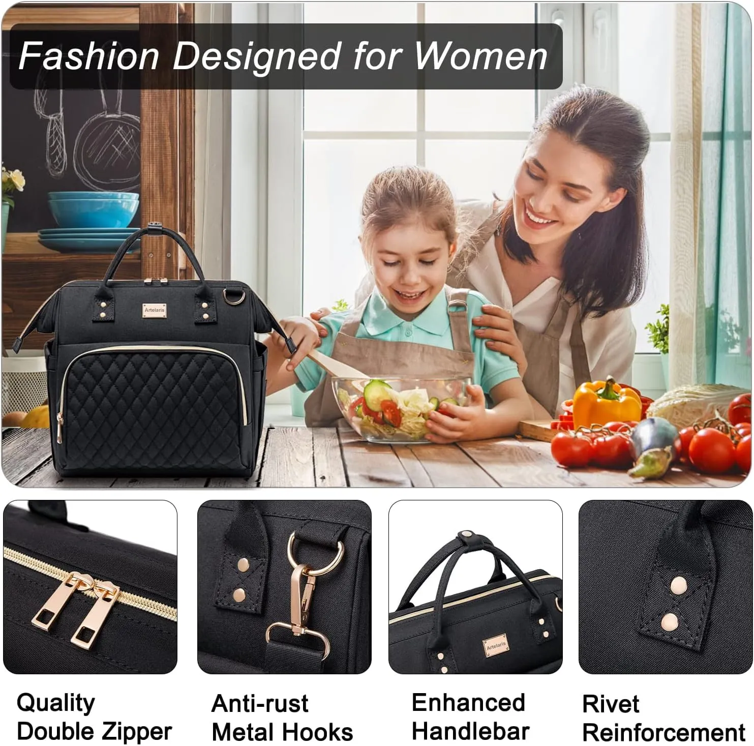 Artelaris Women's Lunch Bag, Insulated Box Women for Work, Adults Large Tote, Leakproof Cooler Reusable Bag with Side Pockets & Shoulder Strap, Purse, Picnic School Designer