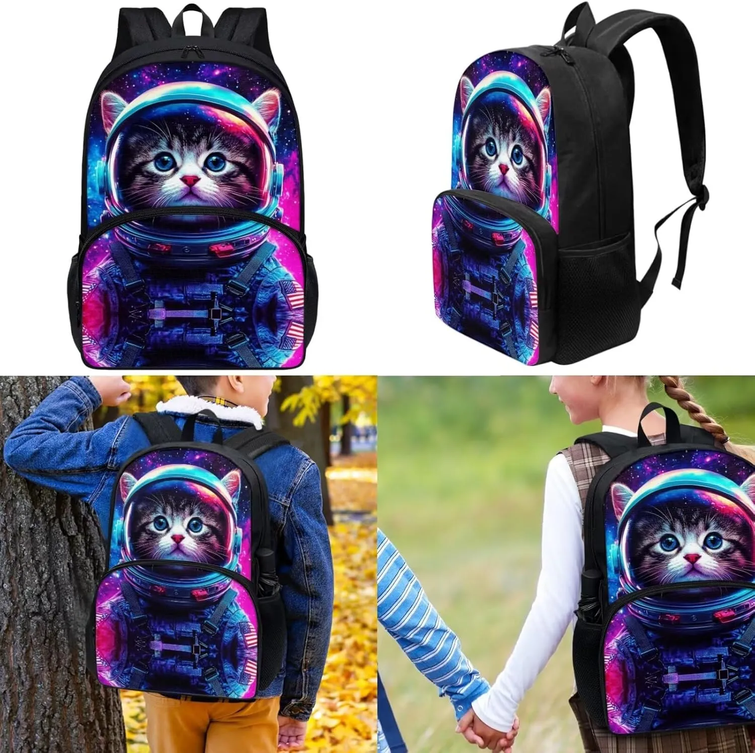 Astronaut Boys 3PCS Backpack 4-6 Years Old Cool Cat School Bag for Preschool Kids 1st Grade Stylish Little Boys Bookbag with Lunch Bag School Supplies