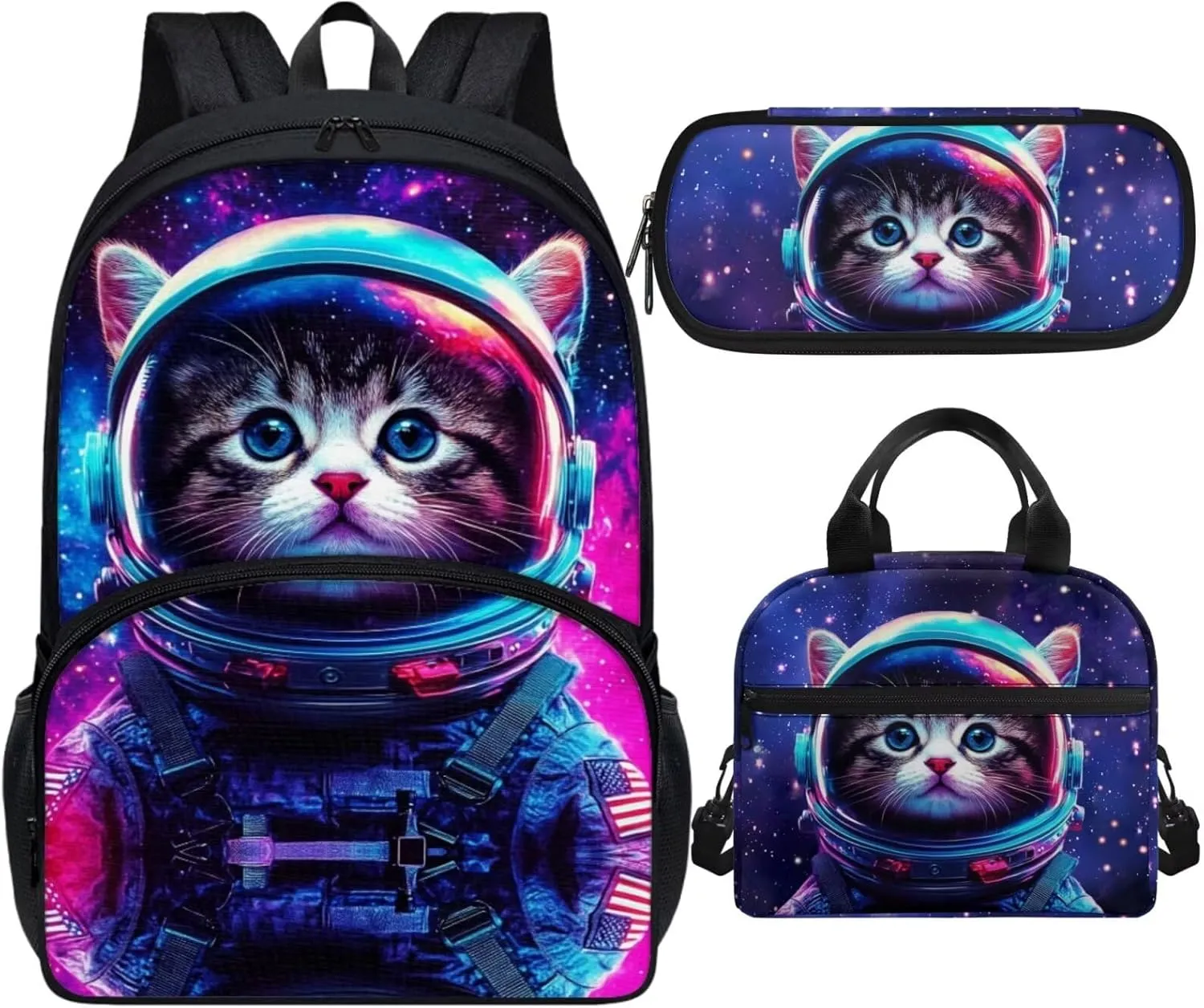 Astronaut Boys 3PCS Backpack 4-6 Years Old Cool Cat School Bag for Preschool Kids 1st Grade Stylish Little Boys Bookbag with Lunch Bag School Supplies