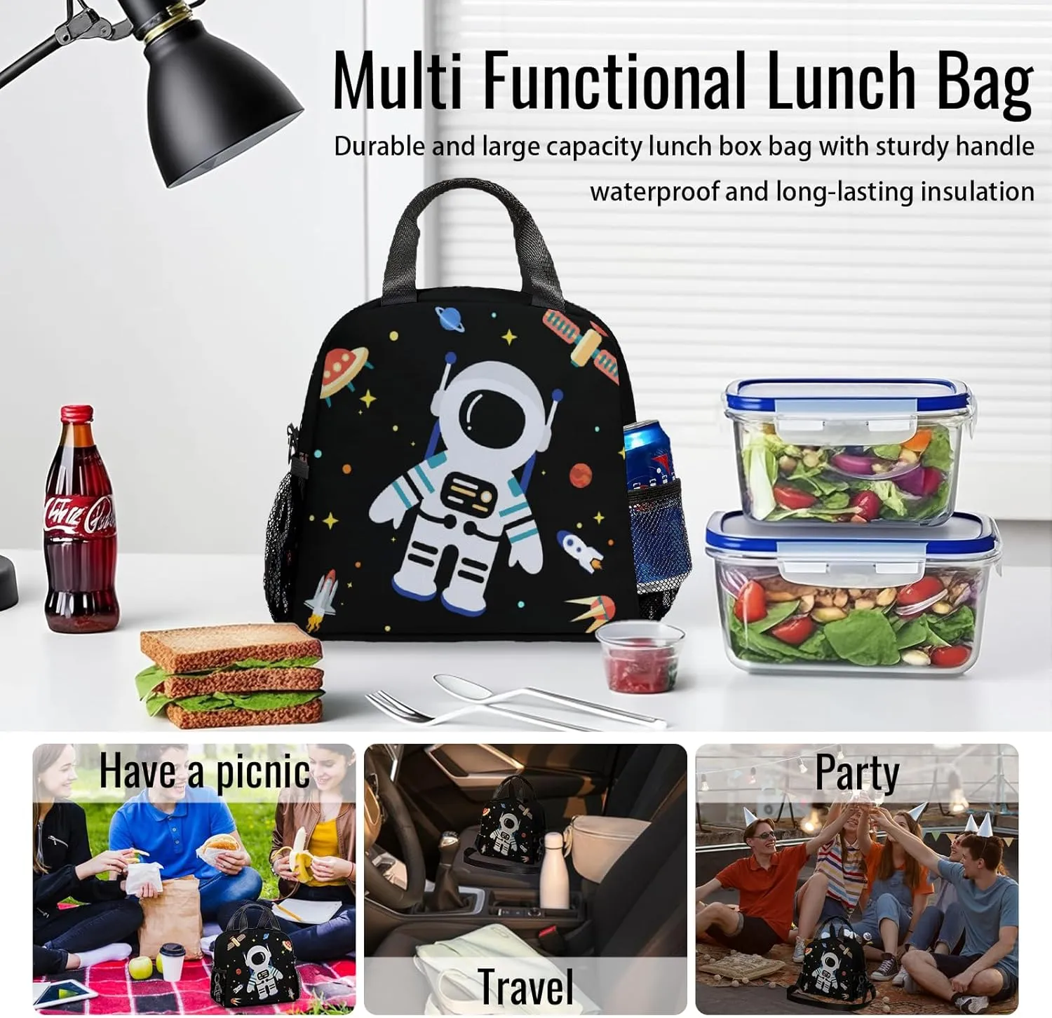 Astronaut Lunch Tote Bag for Men Women,Space Astronaut Lunch Bag with Double Zip,Freezable Classic Spaceman Lunch Box for Travel,Work,Camping,Picnic