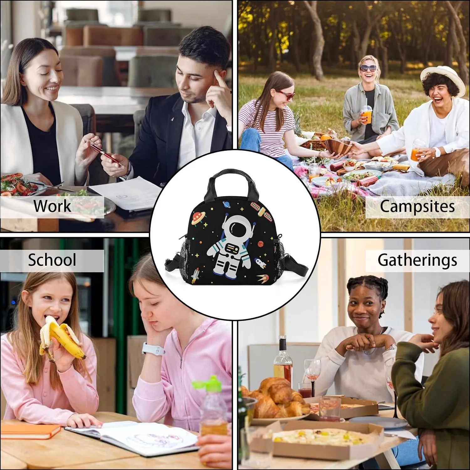 Astronaut Lunch Tote Bag for Men Women,Space Astronaut Lunch Bag with Double Zip,Freezable Classic Spaceman Lunch Box for Travel,Work,Camping,Picnic