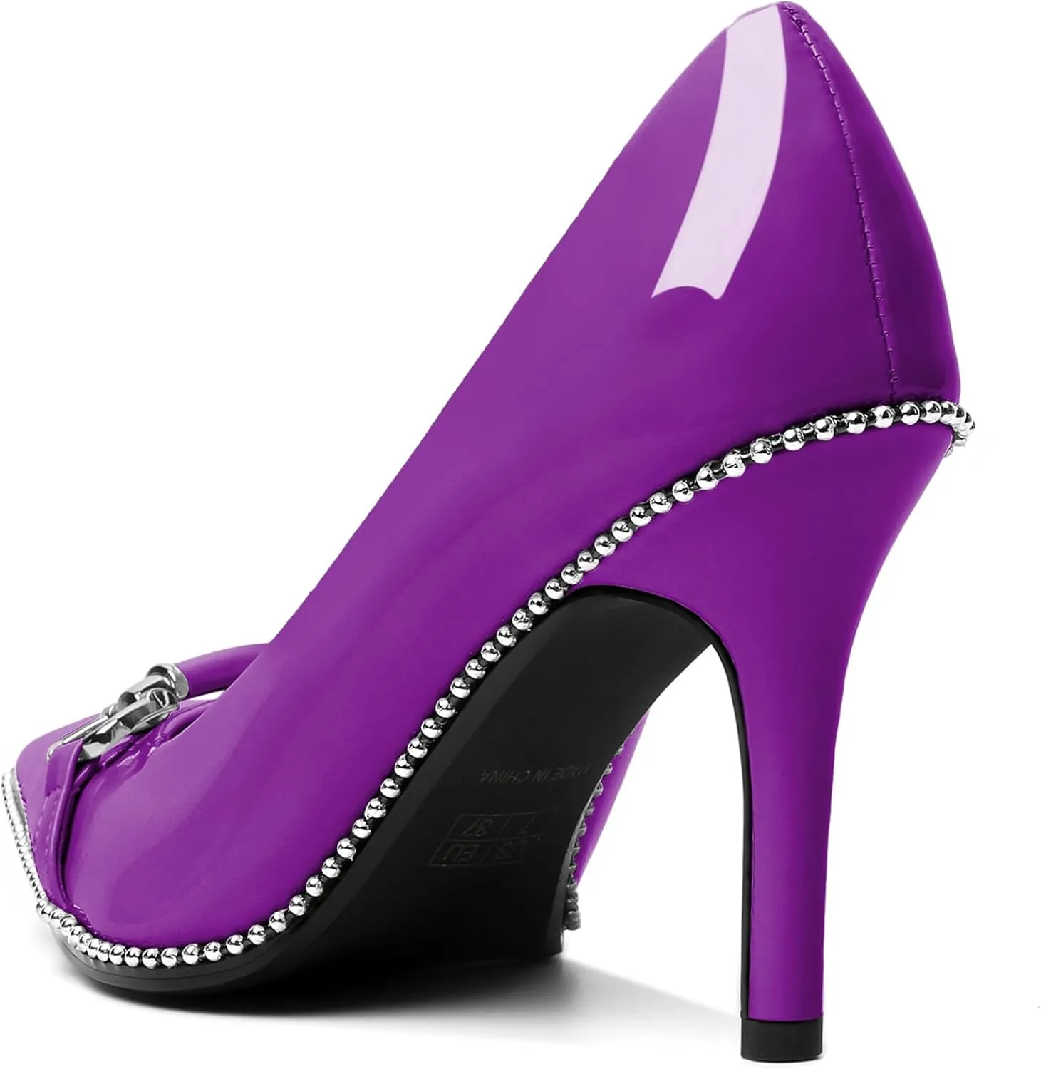 AUMOTED Women Beaded Pumps Pointed Toe Buckle Bow High Heel Stilettos Slip On 3.5 Inch Dress Shoes Office Party Patent Leather US Size 5-13