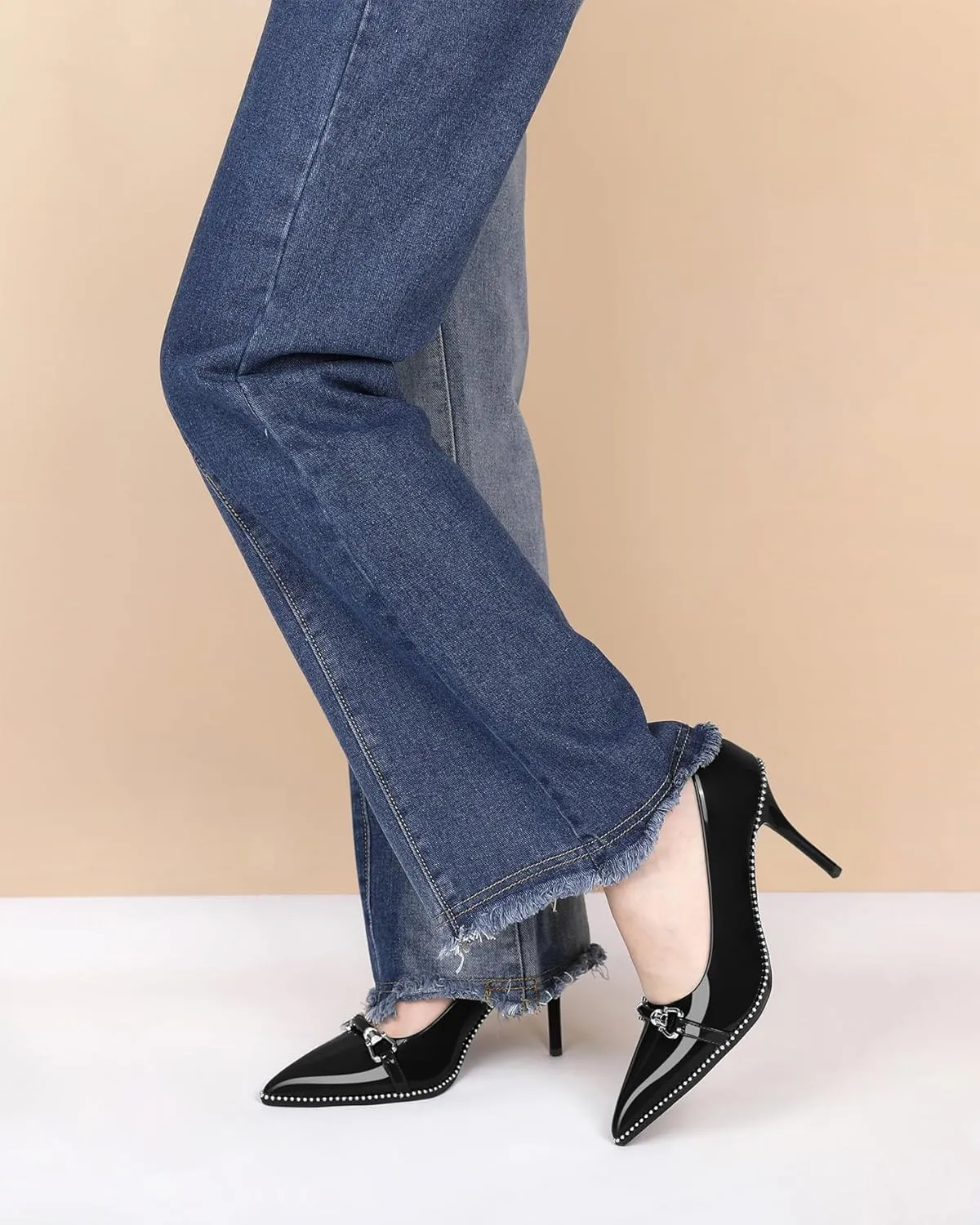 AUMOTED Women Beaded Pumps Pointed Toe Buckle Bow High Heel Stilettos Slip On 3.5 Inch Dress Shoes Office Party Patent Leather US Size 5-13