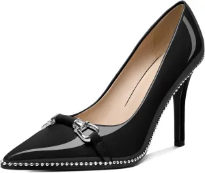 AUMOTED Women Beaded Pumps Pointed Toe Buckle Bow High Heel Stilettos Slip On 3.5 Inch Dress Shoes Office Party Patent Leather US Size 5-13