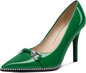 AUMOTED Women Beaded Pumps Pointed Toe Buckle Bow High Heel Stilettos Slip On 3.5 Inch Dress Shoes Office Party Patent Leather US Size 5-13