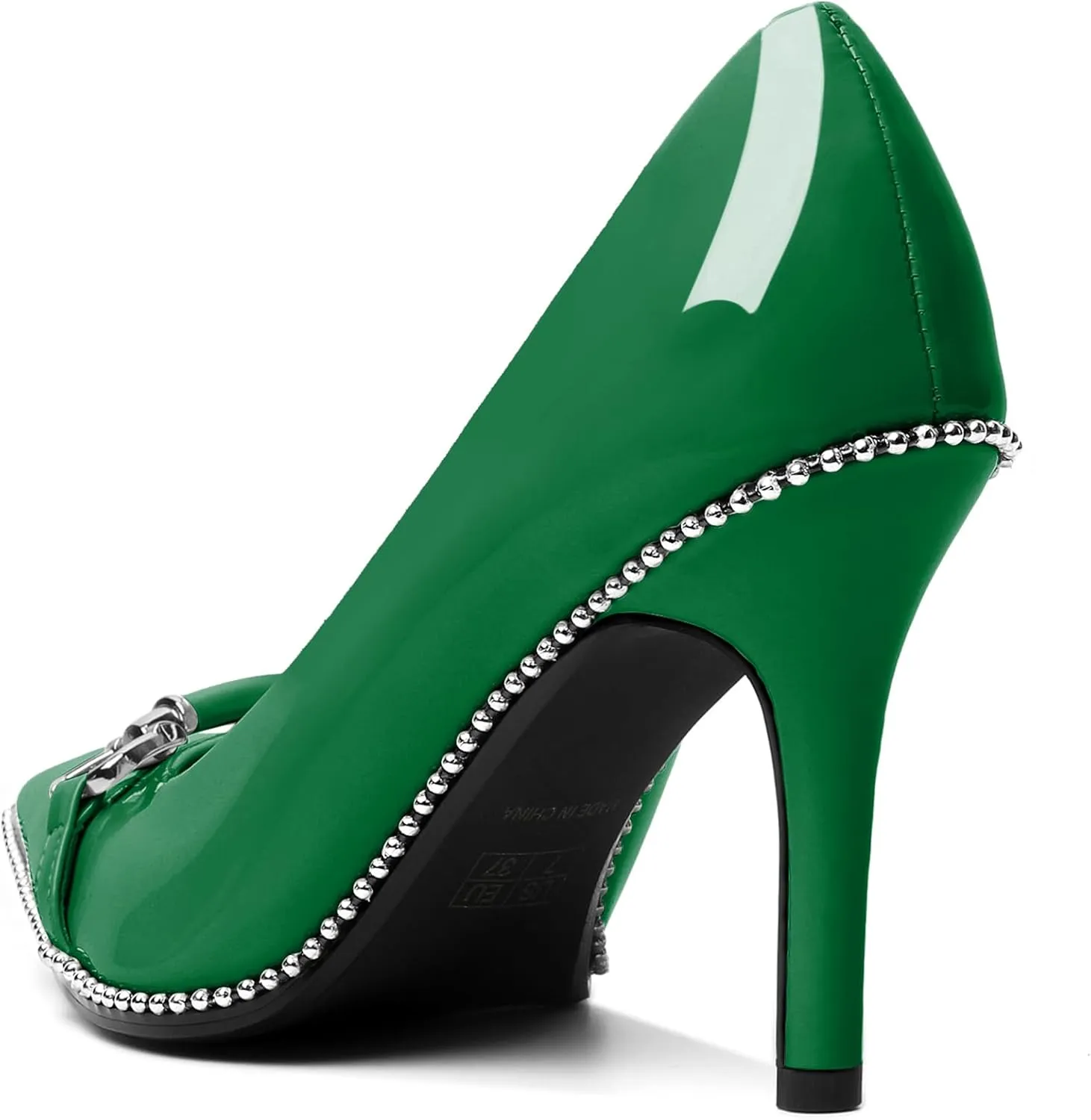 AUMOTED Women Beaded Pumps Pointed Toe Buckle Bow High Heel Stilettos Slip On 3.5 Inch Dress Shoes Office Party Patent Leather US Size 5-13
