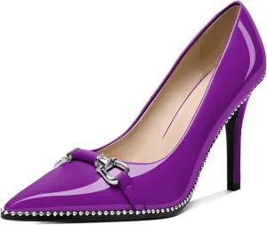 AUMOTED Women Beaded Pumps Pointed Toe Buckle Bow High Heel Stilettos Slip On 3.5 Inch Dress Shoes Office Party Patent Leather US Size 5-13