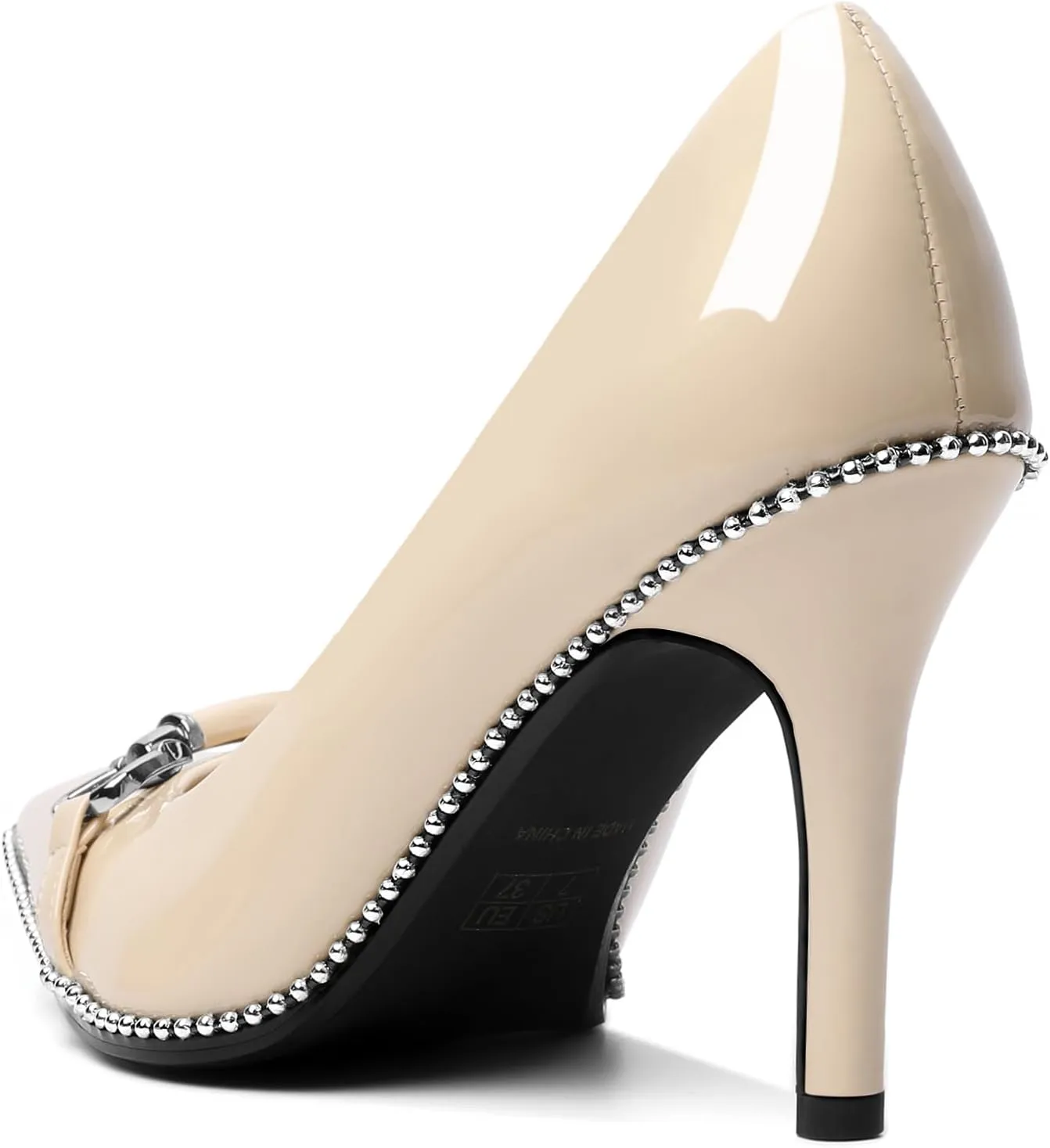 AUMOTED Women Beaded Pumps Pointed Toe Buckle Bow High Heel Stilettos Slip On 3.5 Inch Dress Shoes Office Party Patent Leather US Size 5-13