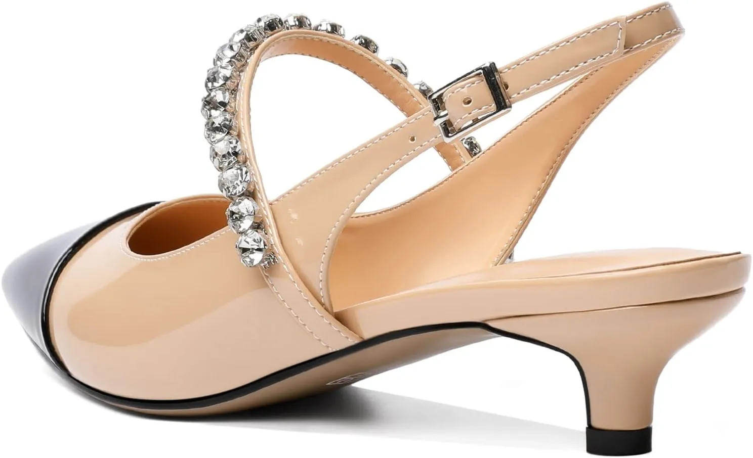 AUMOTED Women Kitten Pumps Solid Slingback Heels Mary Janes Rhinestone Heels Pointed Cap Toe Low Heeled Pumps Patent Leather Dress Shoes 1.4 Inches