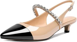 AUMOTED Women Kitten Pumps Solid Slingback Heels Mary Janes Rhinestone Heels Pointed Cap Toe Low Heeled Pumps Patent Leather Dress Shoes 1.4 Inches