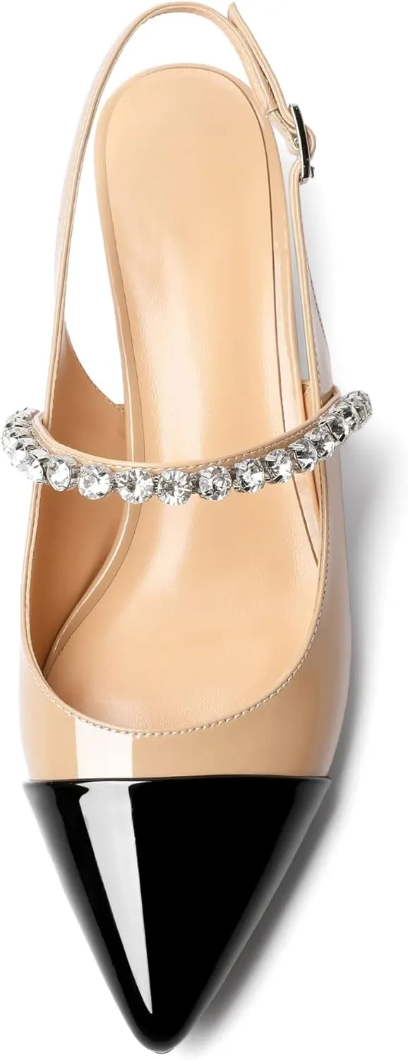 AUMOTED Women Kitten Pumps Solid Slingback Heels Mary Janes Rhinestone Heels Pointed Cap Toe Low Heeled Pumps Patent Leather Dress Shoes 1.4 Inches