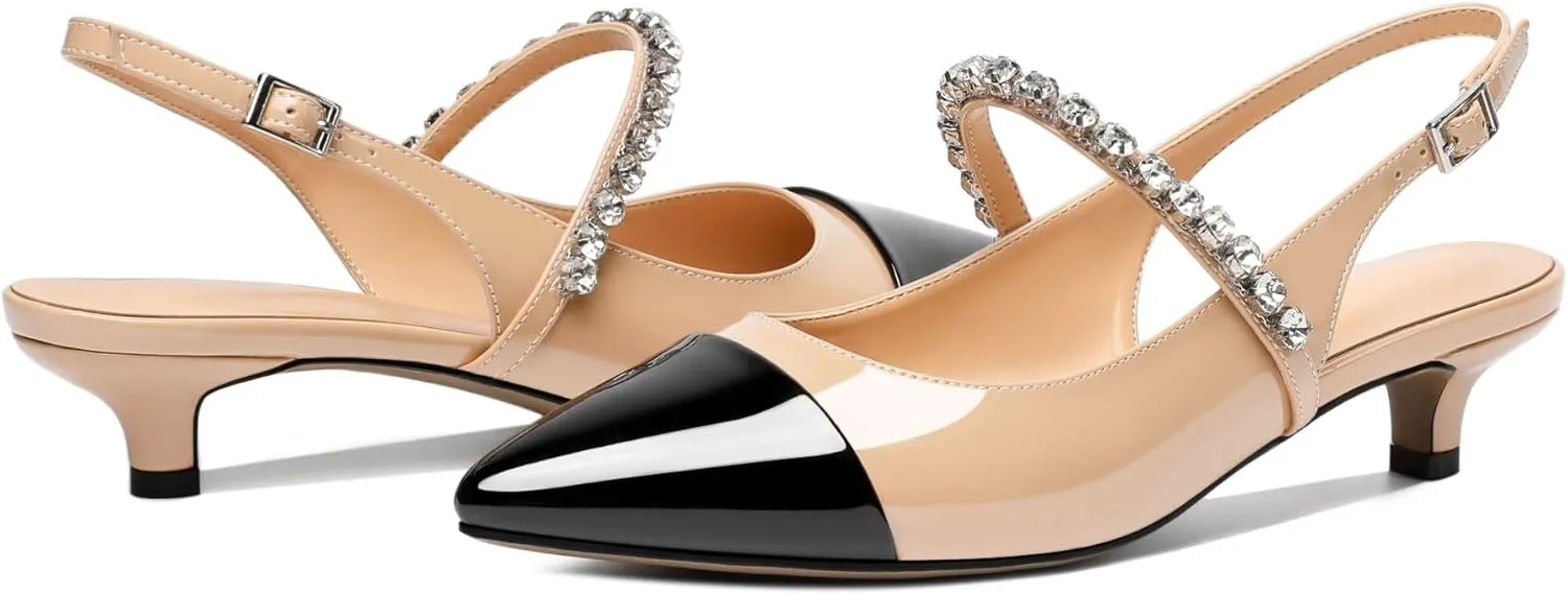 AUMOTED Women Kitten Pumps Solid Slingback Heels Mary Janes Rhinestone Heels Pointed Cap Toe Low Heeled Pumps Patent Leather Dress Shoes 1.4 Inches