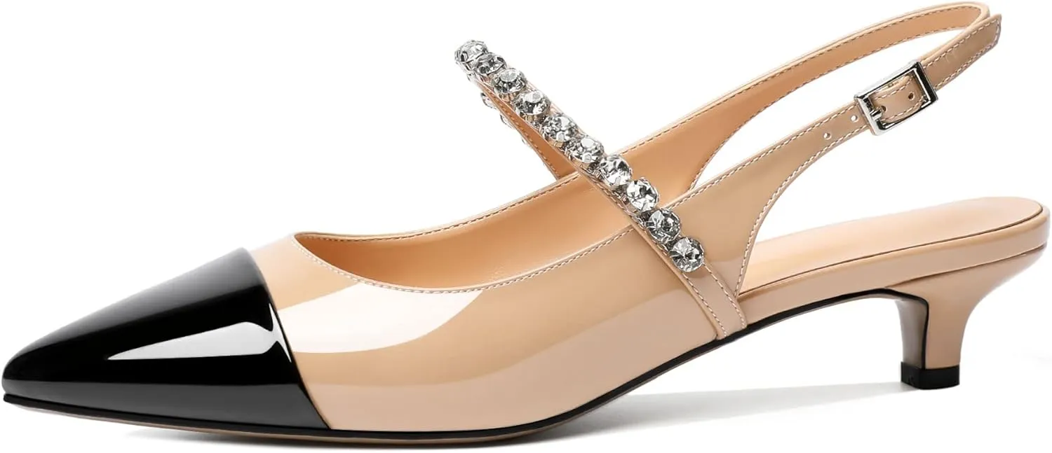AUMOTED Women Kitten Pumps Solid Slingback Heels Mary Janes Rhinestone Heels Pointed Cap Toe Low Heeled Pumps Patent Leather Dress Shoes 1.4 Inches