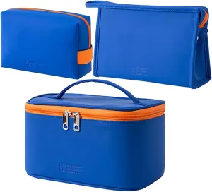 AUSEKALY Makeup Cosmetic Bag Sets 3 Pcs For Women Travel Toiletry Bag Cute Large Make Up Bag With Brush Bag   Small Cosmetic Pouch Dark Blue