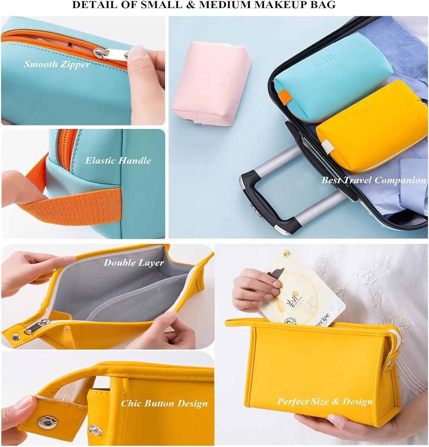 AUSEKALY Makeup Cosmetic Bag Sets 3 Pcs For Women Travel Toiletry Bag Cute Large Make Up Bag With Brush Bag   Small Cosmetic Pouch Pink Deep Blue Yellow
