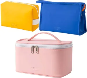 AUSEKALY Makeup Cosmetic Bag Sets 3 Pcs For Women Travel Toiletry Bag Cute Large Make Up Bag With Brush Bag   Small Cosmetic Pouch Pink Deep Blue Yellow