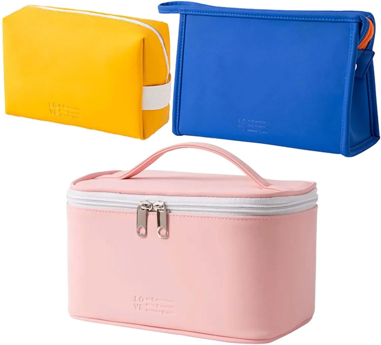 AUSEKALY Makeup Cosmetic Bag Sets 3 Pcs For Women Travel Toiletry Bag Cute Large Make Up Bag With Brush Bag   Small Cosmetic Pouch Pink Deep Blue Yellow