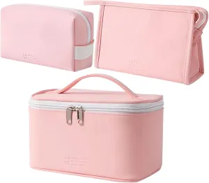 AUSEKALY Makeup Cosmetic Bag Sets 3 Pcs For Women Travel Toiletry Bag Cute Large Make Up Bag With Brush Bag   Small Cosmetic Pouch Pink White
