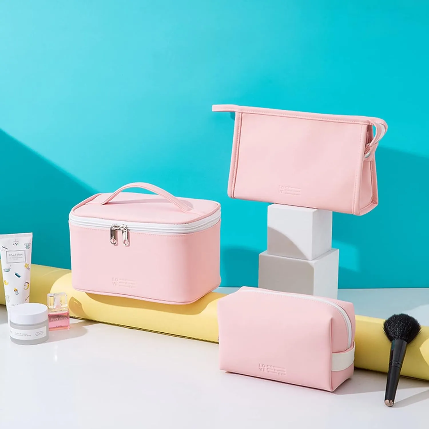 AUSEKALY Makeup Cosmetic Bag Sets 3 Pcs For Women Travel Toiletry Bag Cute Large Make Up Bag With Brush Bag   Small Cosmetic Pouch Pink White