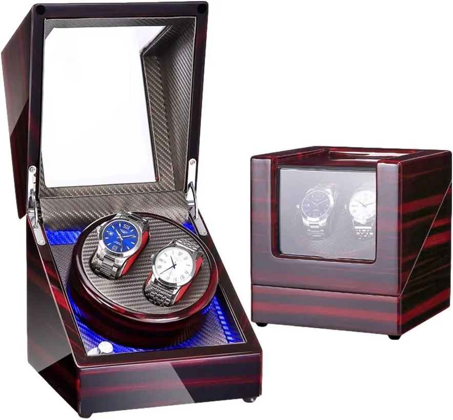 Automatic Double Watch Winder Box with Blue Led Light Piano Paint Finish Quiet Motor Ac Adapter and Battery Powered Upscale Watch Winder Display Watch Box Case Watch Storage