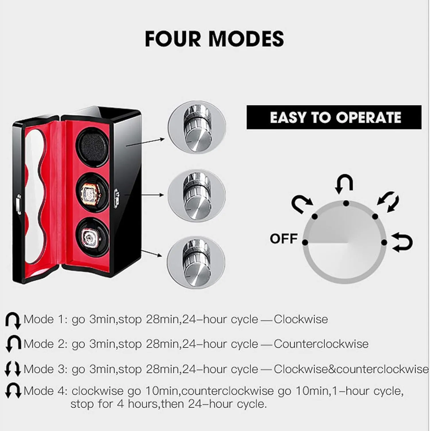 Automatic Watch Winder Box 3 LED Light Quiet Motor Independently Controlled 4 Rotation Modes Adapter Battery Powered Watch Winder Watch Box Case Watch Storage