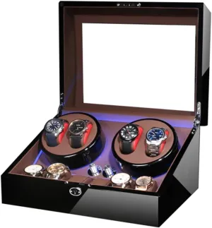 Automatic Watch Winder Box for 4 Watch   6 Storage Blue LED Light Piano Paint Finish Quiet Motor AC Adapter and Battery Powered