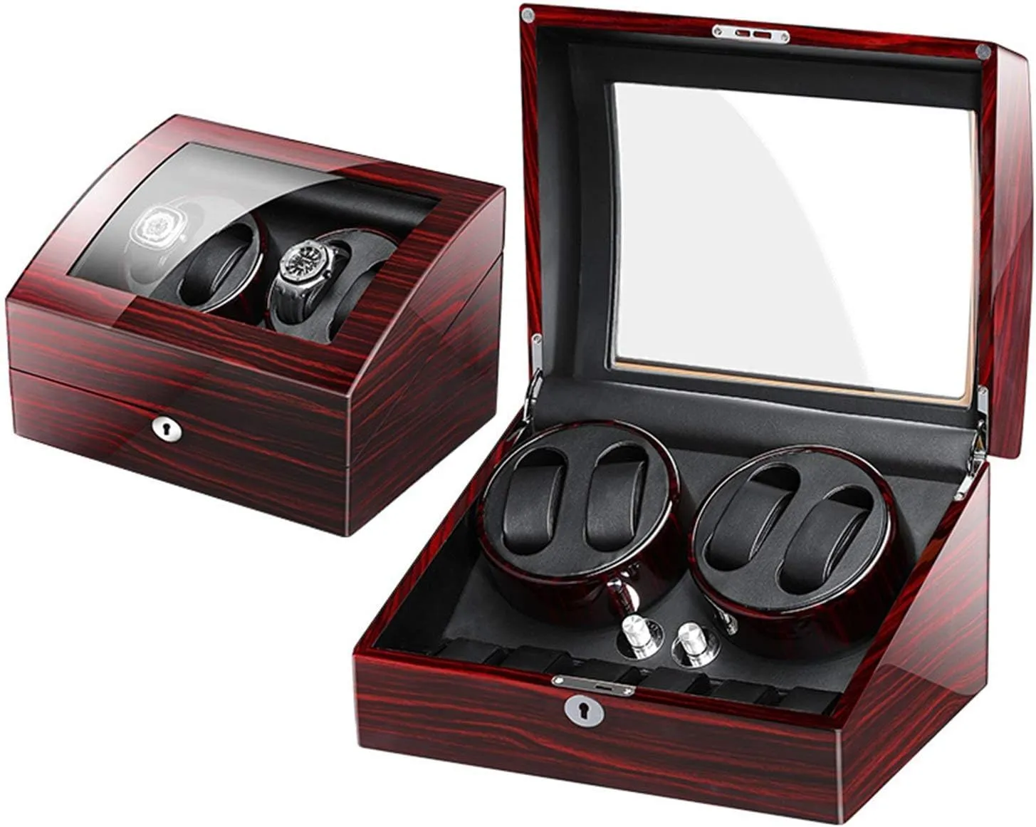 Automatic Watch Winder Box for 4 Watches 6 Storage with Key Wood Shell Piano Paint Exterior Adapter and Battery Powered (A)