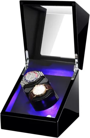 Automatic Watch Winder Double Watches Winder Box with Led Light Flexible Watch Pillow ac Adapter and Battery Powered Accessories Black Black, (Black Black)