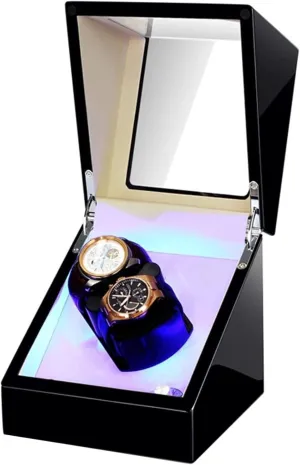 Automatic Watch Winder Double Watches Winder Box with Led Light Flexible Watch Pillow ac Adapter and Battery Powered Accessories Black Black, (Black White)