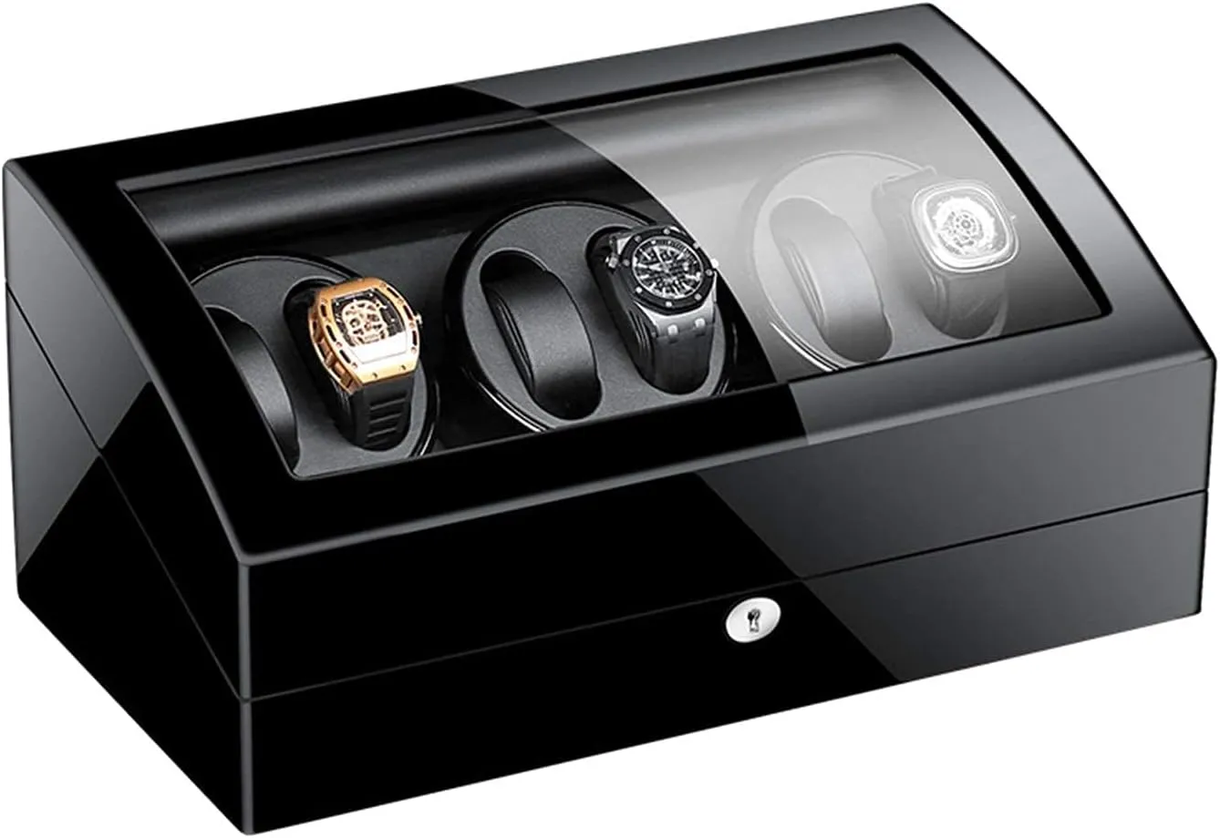 Automatic Watch Winder Storage Display Watch Box Black Piano Finish Glass Top Leather Lining Quiet Motor