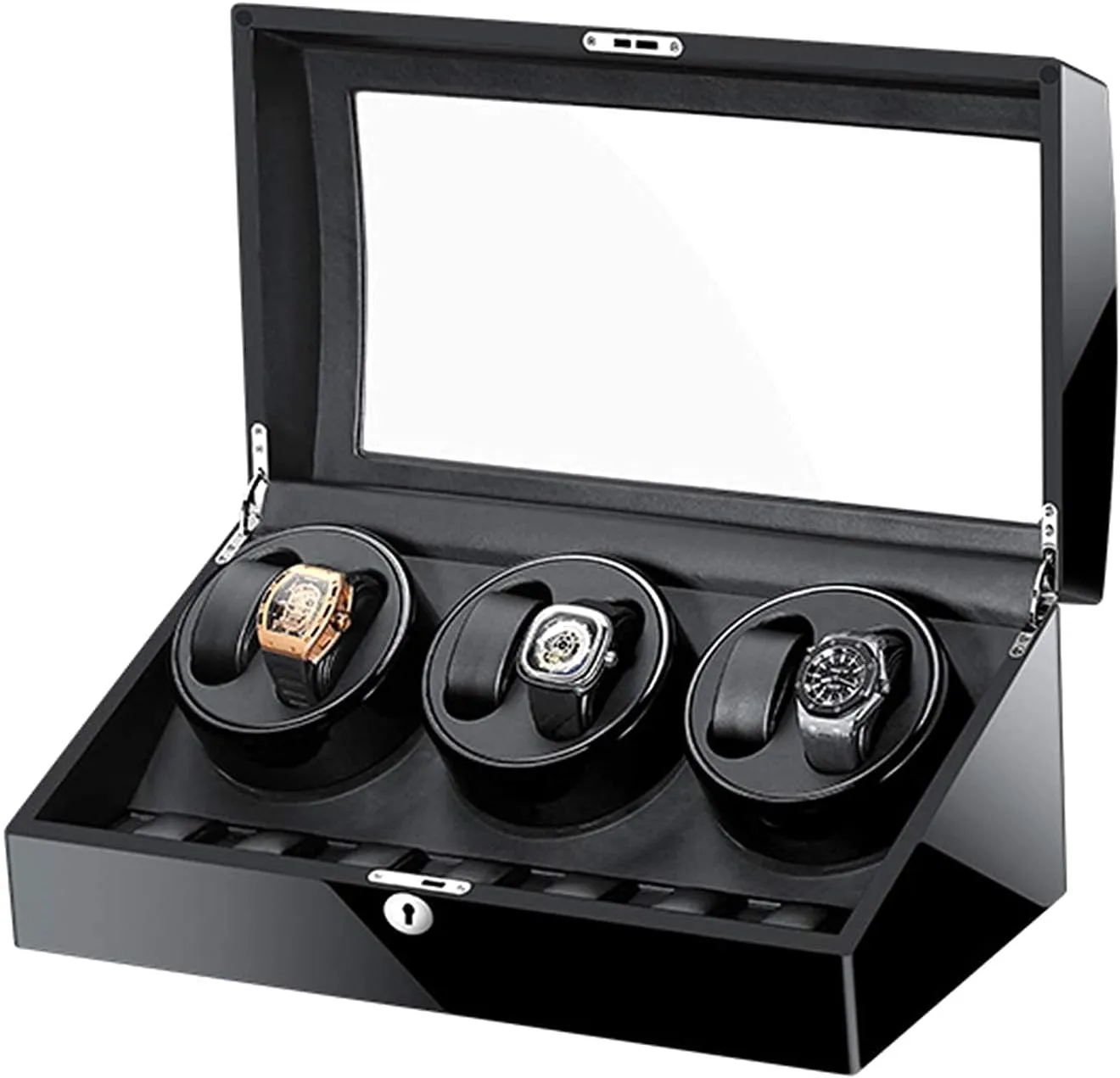 Automatic Watch Winder Storage Display Watch Box Black Piano Finish Glass Top Leather Lining Quiet Motor