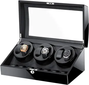 Automatic Watch Winder Storage Display Watch Box Black Piano Finish Glass Top Leather Lining Quiet Motor