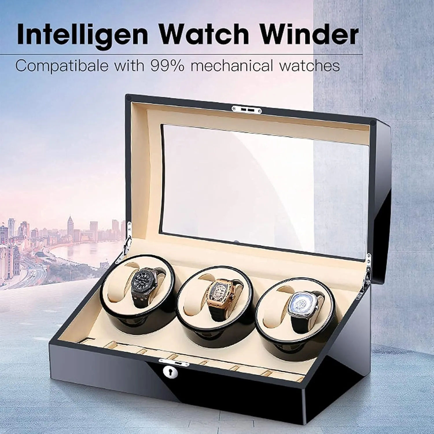 Automatic Watch Winder Storage Display Watch Box Black Piano Finish Glass Top Leather Lining Quiet Motor