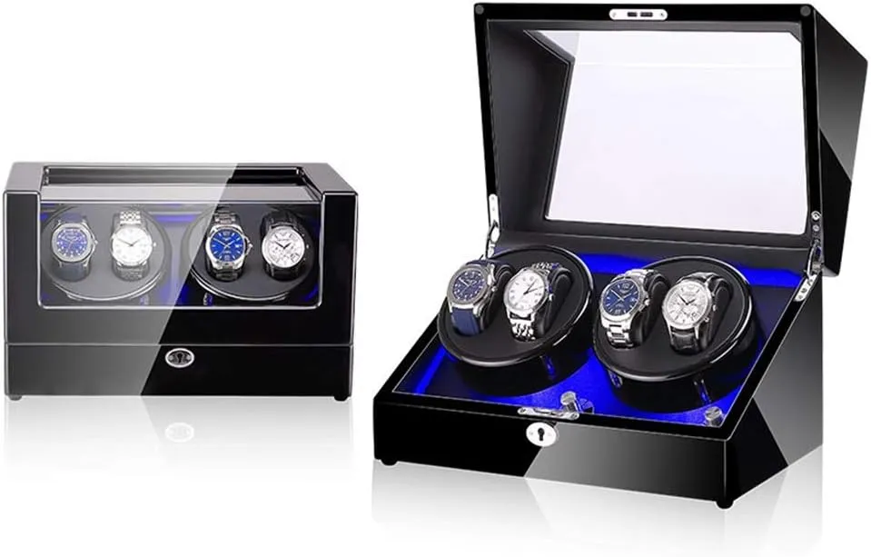 Automatic Watch Winder with Super Quiet Motor and Blue LED Light Piano Finish Black Leather Lining 4 Rotation Mode Setting Watch Winder Watch Box Best Gift
