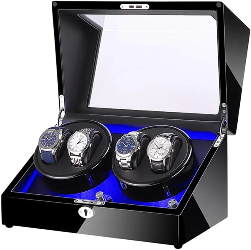 Automatic Watch Winder with Super Quiet Motor and Blue LED Light Piano Finish Black Leather Lining 4 Rotation Mode Setting Watch Winder Watch Box Best Gift